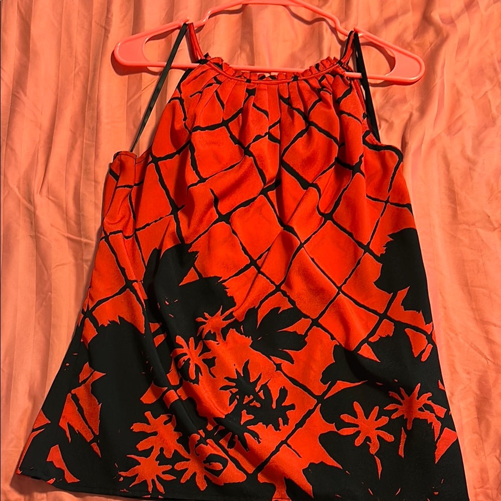 New York & Company Orange and Black Halter Graphic Tank Top